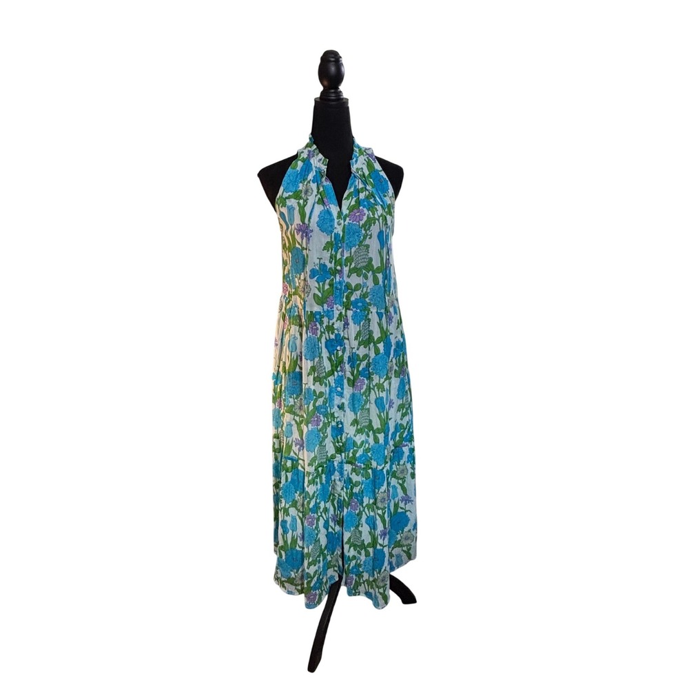 Olivia James The Label Blue Green Floral Cotton Tiered Maxi Dress Small